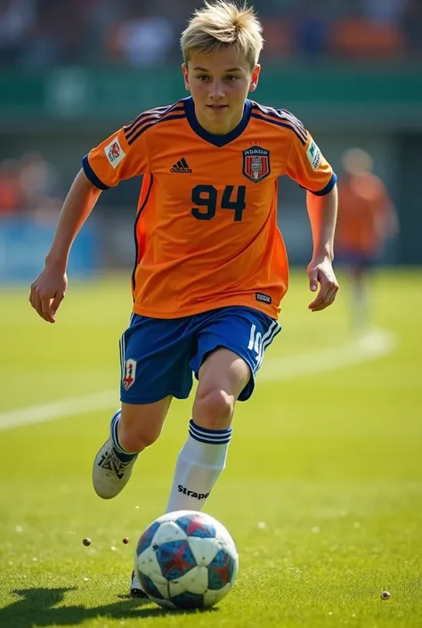 Young white soccer player. Wear a jersey with the number 94 