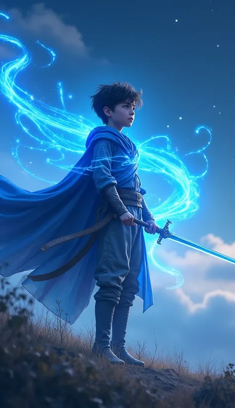 A vivid depiction of a 14-year-old boy standing in a warriors pose, wrapped in glowing magical blue ribbons that protect him. His sharp gaze is fixed forward, and he grips a shining sword in his right hand. Background features a vast wilderness under a sta...