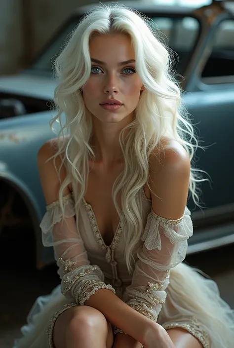  long white hair , ( waist-length hair ), glowing hair,  detailed hair study,  dirty hair,  blue eyes ,  Beautiful eyes, very detailed eyes and face,  beautiful detailed eyes ,  ultra-detailed, Light on the face, light skin,  30-37 year-old ultra hot Europ...