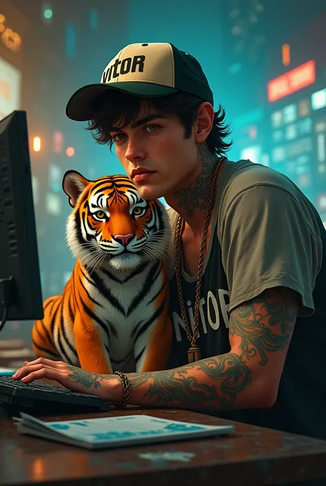  Create an image with a man named Vitor who messes with a betting site, With the little tiger .  This one is approximately 25 years old , Is tattooed , And hes wearing a cap and has the name Vitor written on his blouse