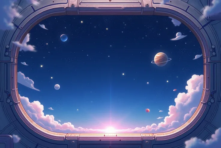  anime style . a starry sky,  with several small planets and moons . A metal frame ,  as a fuselage of a ship surrounding the image