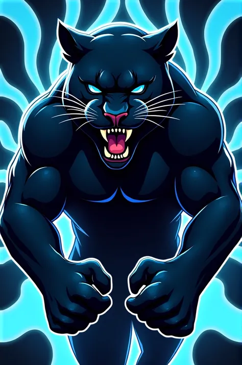 Realistic football logo of a roaring blue-eyed black puma with a bright black and blue background Strange format 