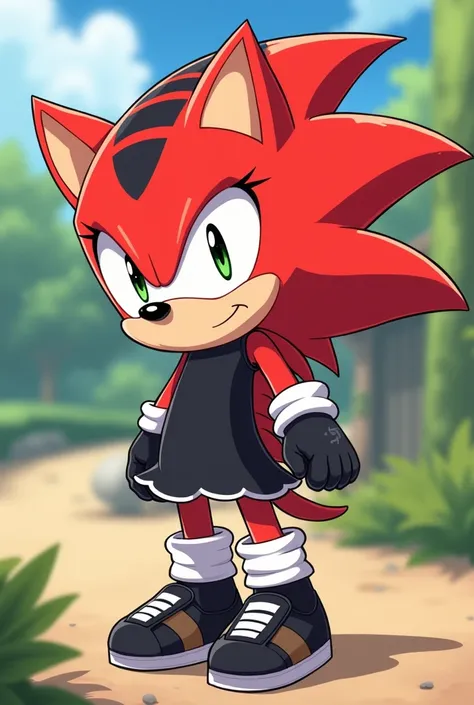 Anthropomorphic hedgehog girl very cute anime with fiery red fur with 3 black stripes on the thorns and with black shoes with white and with some bandages on her legs and arms with black gloves a black sports dress and with slightly longer arms and legs 