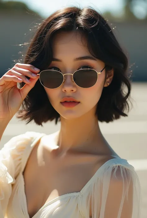  beautiful 25-year-old girl with short, shoulder-length black hair and wavy , wearing a white dress with a sweetheart neckline ,  with her hand close to her face putting on sunglasses walking in an outdoor parking lot