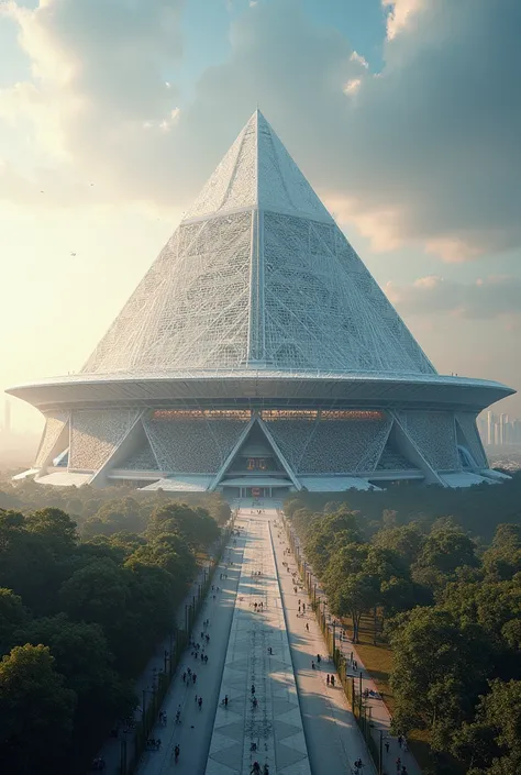 hyper-photorealistic depiction of the colossal lace PYRAMID-CATHEDRAL  STADIUM with an extraordinary capacity of 300,000 spectators.The massive structure showcases its grand design and amazng futuristic details