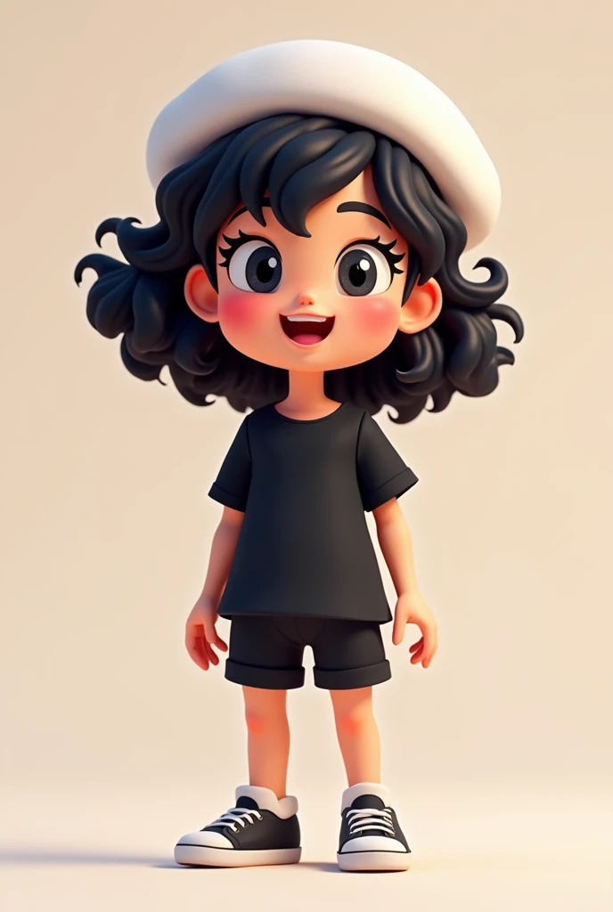  A Roblox style character black shirt, short Black, cabelo Black curly, White beret , CNP she has a kind of happy face, é com um blush 