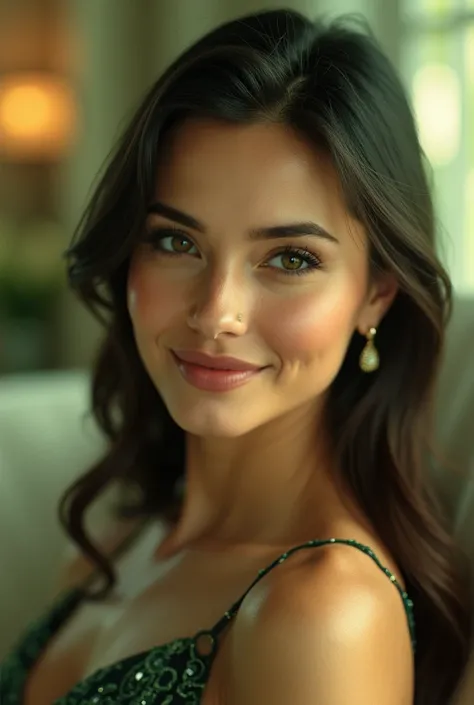 A brunette woman with smooth and shiny hair looks very light green  ,   posing confidently in a sophisticated environment illuminated radiant smile. 