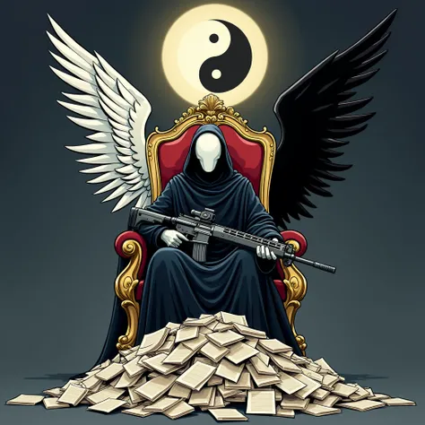 Angel of Death Seated on a Throne with Black Right Wing and White Left Wing
He is holding a FAMAS in his right hand
Yin and yang symbol on a dark background
Faceless
Huge pile of paper on the ground
Cartoon 
Comic