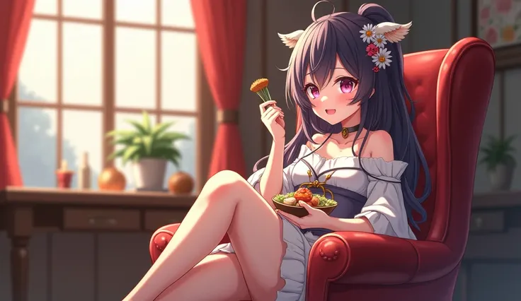 anime girl sitting in chair with a bowl of food in her hand, alchemist girl, light novel cover art, official art, epic light novel art cover, official artwork, epic light novel cover art, loli, isekai, small curvy loli, cushart krenz, cushart, cushart kren...