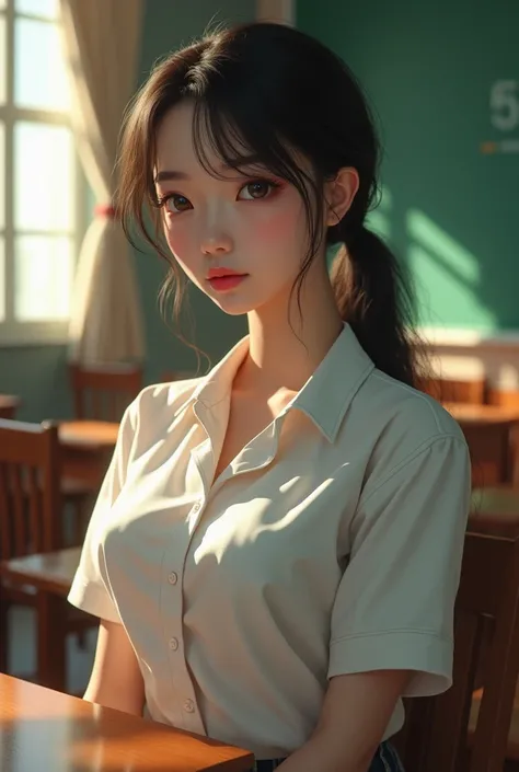 (masterpiece, best_quality:1.2), 1girl, solo, cute, huge_breasts:1.4, school_girl_outfit:1.5, detailed eyes, detailed lips, long eyelashes, beautiful, elegant, serene expression, intricate details, photorealistic, studio lighting, vivid colors, realistic, ...