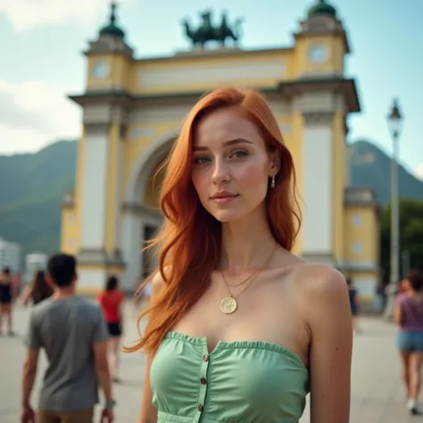 "Create an image of a red-haired woman wearing a light green dress, posing in front of Arcos da Lapa no bairro Lapa no Rio de janeiro. like in typical tourist photos, showing other tourists no focus, with the impressive arcos in the background. The scene s...