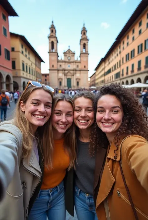 a selfie of four 25-year-old boys and girls in a square in Bologna