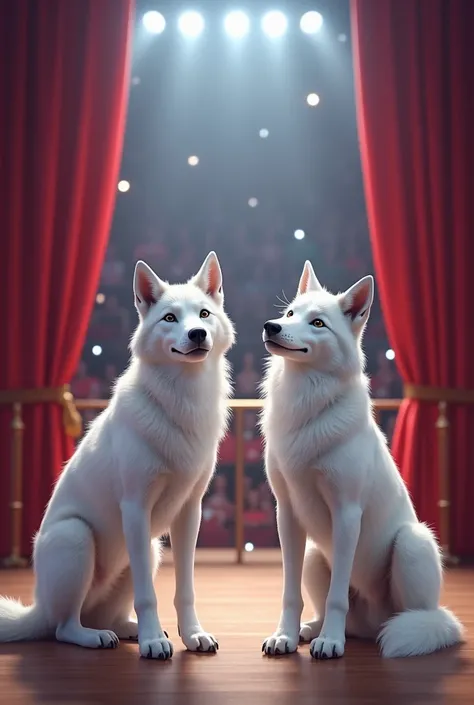 Two wolf standing on the talent show stage to perform in front of the judges in white colour 