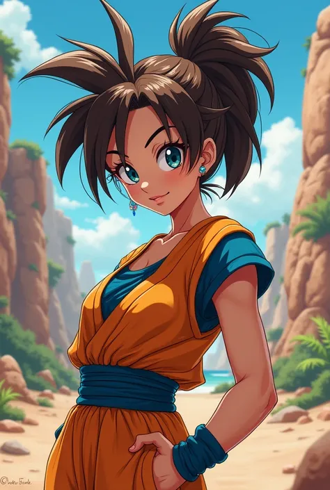 **Character Details:**
- **Age**: around 20 years 
- **Hair**: Brown, styled tied in a ponytail 
- **Skin Tone**: Tanned almond brown
- **Eyes**: blue
- **Jewelry**: None , dragon ball style taned yellowish skin , more girly dragon ball anime style  vegeta...