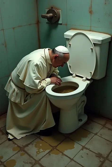 Pope is crouching before the dirty toilet looking inside the dirty toilet bowl using his head 