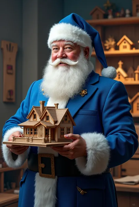 Create a realistic Santa Claus using the clothes in the color blue #0D3153 holding a project of a house  