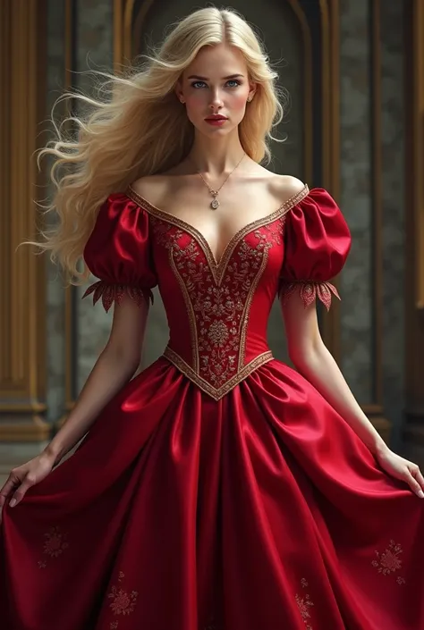 A blond princess with greyish blue eyes and a pink mouth , wearing a blood red dress 