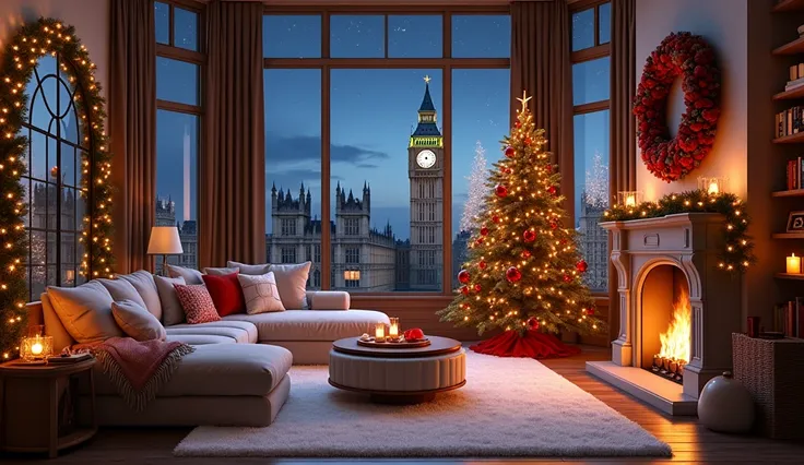  Create the image of a cozy and festive living room during the holiday season .  The room should have large windows that reveal the star-filled night sky and the iconic Big Ben view. In it,  there must be a Christmas tree decorated with lights and ornament...