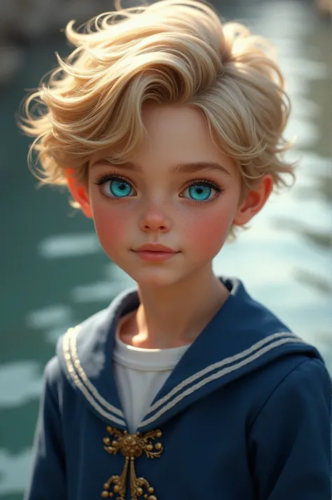   boy prince cut blond ,  heavenly eyes , Prussian blue sailor suit , Caucasian,  bump nose 