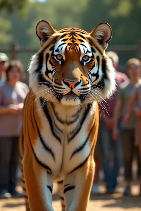 A tiger standing regally while speaking to a group of attentive humans, modern era, the tiger’s fur glistening under sunlight, an open and expansive zoo setting, people listening intently with surprised expressions, close-up of the tiger with humans blurre...