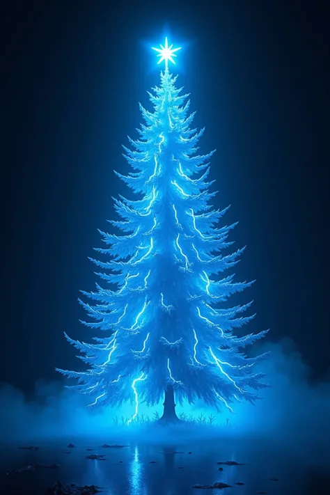 an electric blue Christmas tree with lighting running through it