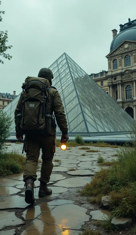 The Louvre Museum in ruins, its iconic glass pyramid shattered and surrounded by overgrown plants. A lone explorer, dressed in a tattered hiking outfit with a large backpack, carefully steps over the cracked plaza while holding a flashlight.