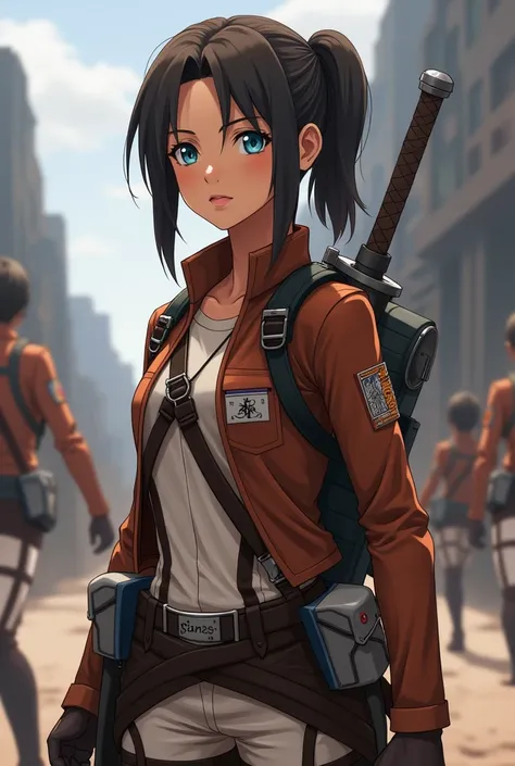 **Character Details:**
- **Age**: around 20 years 
- **Hair**: Brown, styled tied in a ponytail 
- **Skin Tone**: Tanned almond brown yellowish skin
- **Eyes**: blue
- **Jewelry**: None ,anime attack on titan style with the uniform and the sword 