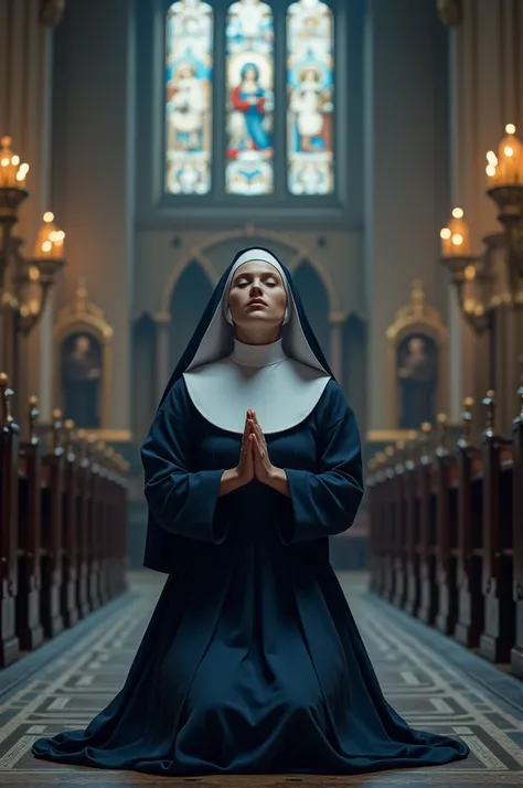 A nun wears a blue habit and a heavily starched white cornette

She is praying in the convent chapel