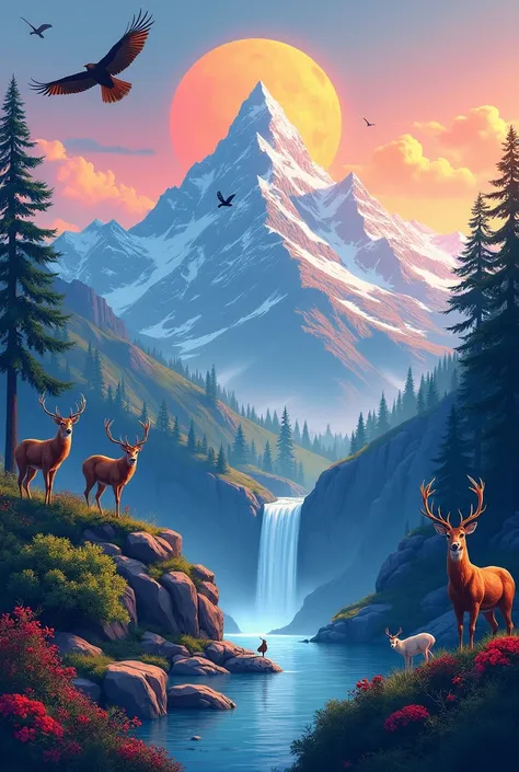 beautiful background , MOUNTAIN LANDSCAPE ,  vivid colors ,  ANIMALS OF THE AREA,  ILLUSTRATED GRAPHIC 