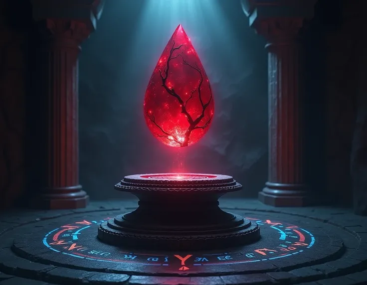 A mystical and eerie gemstone known as the Lágrima de Sangue, floating above an ornate pedestal in a dark, shadowy chamber. The gemstone is shaped like a large teardrop and glows with an ominous crimson light, as if pulsating with life. Dark veins of black...