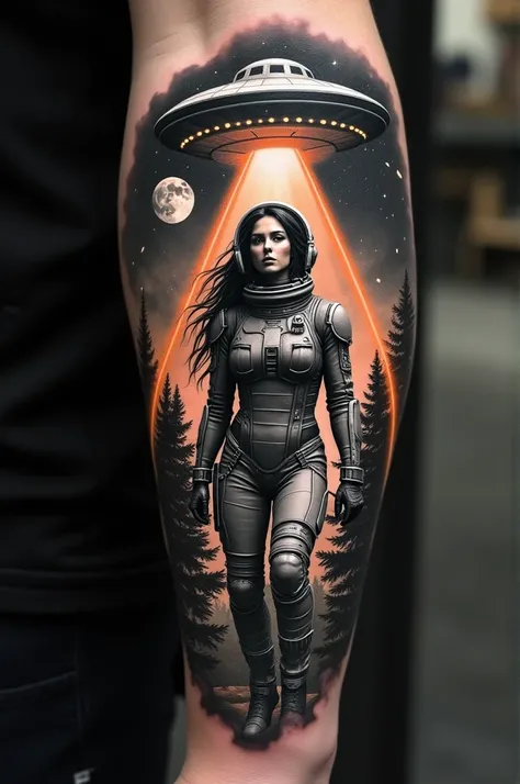 Create a realistic forearm tattoo in black and gray .  Create strong lines with lines and contours .  Create a female astronaut in science fiction style and with technological equipment. Create orange-colored lines of light crossing your body several times...