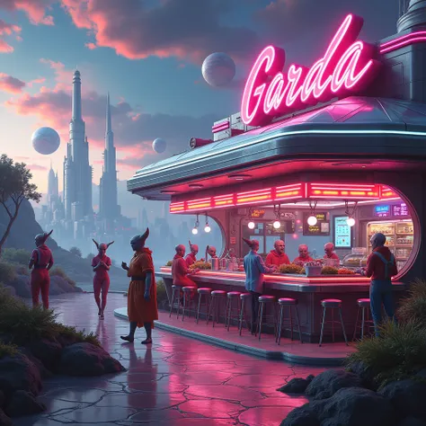 outside of cartoon sci-fi space restaurant 