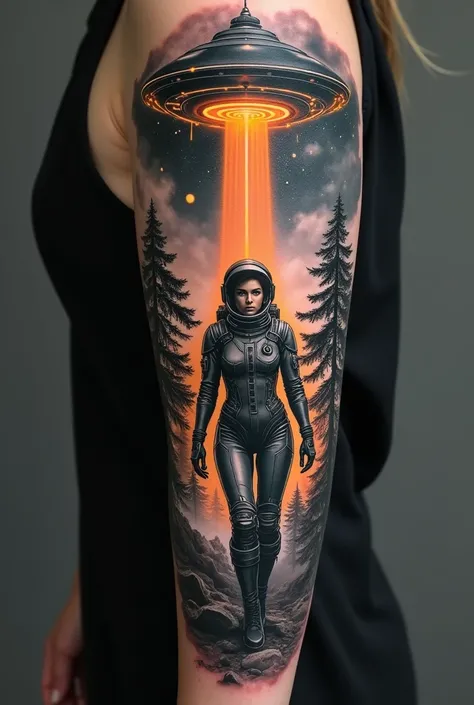 Create a realistic forearm tattoo in black and gray .  Create strong lines with lines and contours .  Create a female astronaut in science fiction style and with technological equipment. Create orange-colored lines of light crossing your body several times...