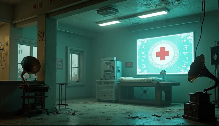 Intérieur post apocalyptique machine médicale hors service croix  rouge médicale, ambiance futur, hologramme , vieux phonographe , des zombie 