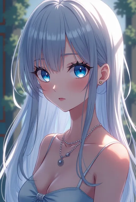 1girl, High Resolution, Long Hair, Breasts, Looking at viewer, Blue eyes, Silver Hair, Kuudere, Blank stare, Anime, Jewlery, Eyelashes, Mansion background, Masterpiece, Sundress