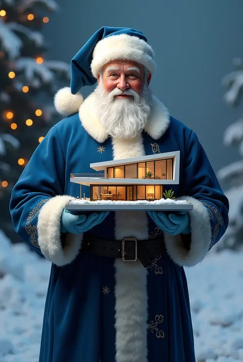 Create a realistic Santa Claus using the clothes in the color blue #0D3153 holding a project of a modern house