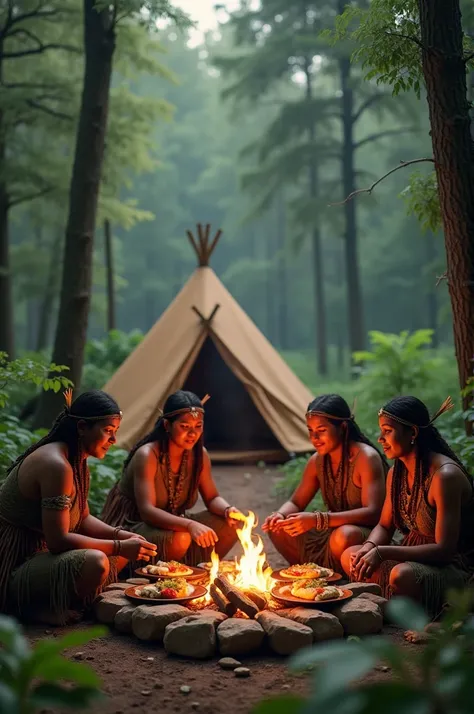 Indigenous people eating chicken breast in a camping tent in the forest (image 16):9