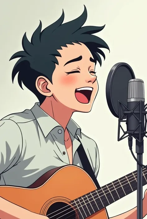  high quality a 26 year old boy, Skinny hairstyle tuft  ? shirt 1.8m ? short hair 2.2m ? singing 11k ?  solo 5 .0M  ? studio microphone personagem chibi, 2D anime style  