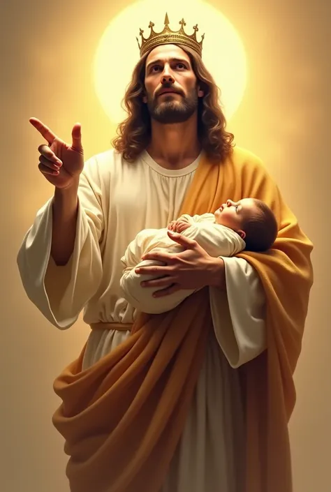 CREATE JESUS CHRIST,  standing and facing forward ,  looking directly at the viewer.  In one of his hands he must carry a baby, and the other hand must be pointing forward .  The eyes of Jesus Christ are of peace , love and warmth .  His face is serene . H...