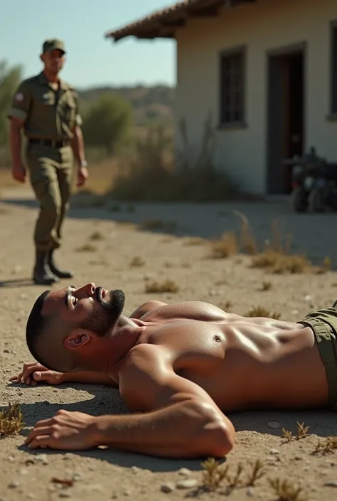 An army base. A 29 year old Italian guy with a buzz cut. He is wearing very tight and small bikini briefs. He is laying on the ground outside the building. A guy standing nearby is wearing his uniform. 