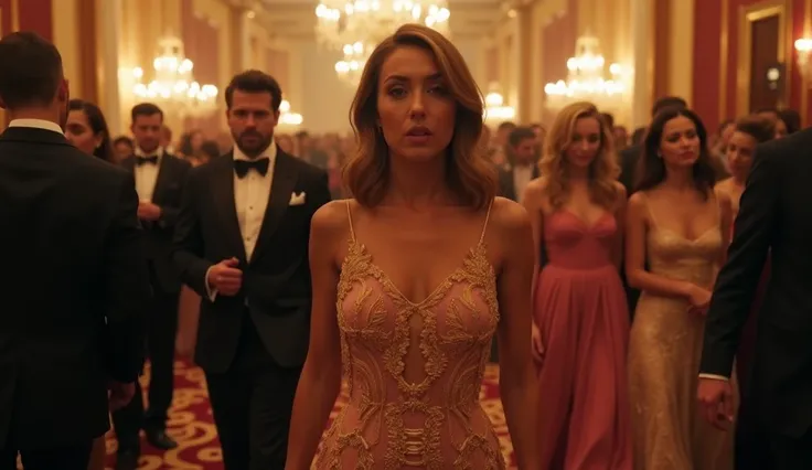 Emily walks into a grand ballroom at the gala, her expression a mix of awe and confusion. The opulence around her is overwhelming, with people dressed in extravagant gowns and tuxedos. She is dressed simply but elegantly, standing out with her unpretentiou...