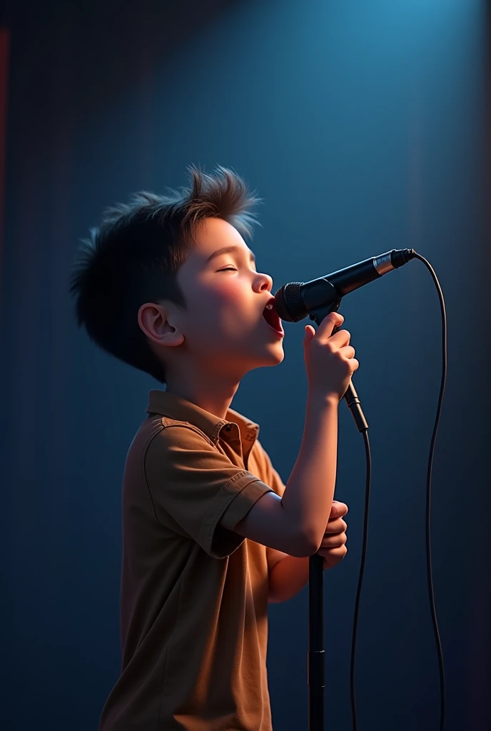 Boy singing with a microphone 
