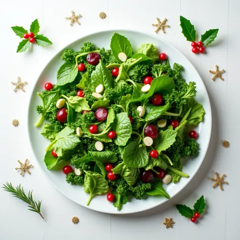 "Realistic image of a fresh salad plate containing a variety of raw leafy greens, including arugula, kale, cabbage, alfalfa sprouts, chicory, chard, lettuce (various types), spinach, watercress, mint, parsley, and scallions. The greens are vibrant, fresh, ...