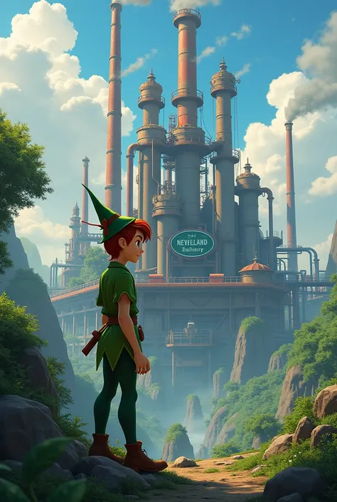  A refinery with a sign saying  " Neverland Refinery "  and Peter Pan looking at the Refinery.