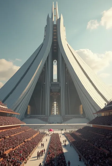 hyper-photorealistic depiction of the colossal PYRAMID- CATHEDRAL FLYING STADIUM with an extraordinary capacity of 500,000 spectators.The massive structure showcases its grand design and amazing futuristic GOTHIC details
