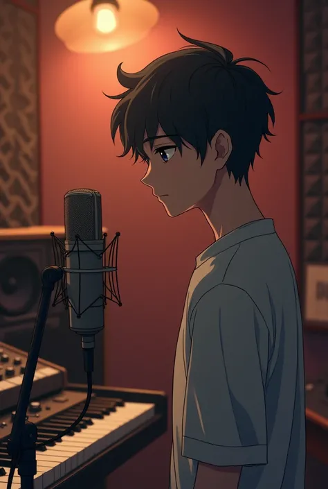  high quality a 26 year old boy, Wearing ,kinda sad,Skinny hairstyle tuft  ? shirt 1.8m ? short hair 2.2m ? singing 11k ?  solo 5 .0M  ? studio microphone personagem chibi,  anime style  