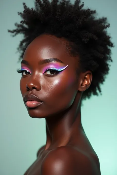 Brown skin model with natural makeup with holographic eye makeup for magazine cover