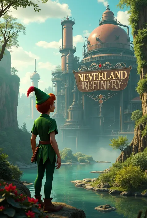  A refinery with a sign saying  "Neverland Refinery "  and Peter Pan looking at the Refinery.
