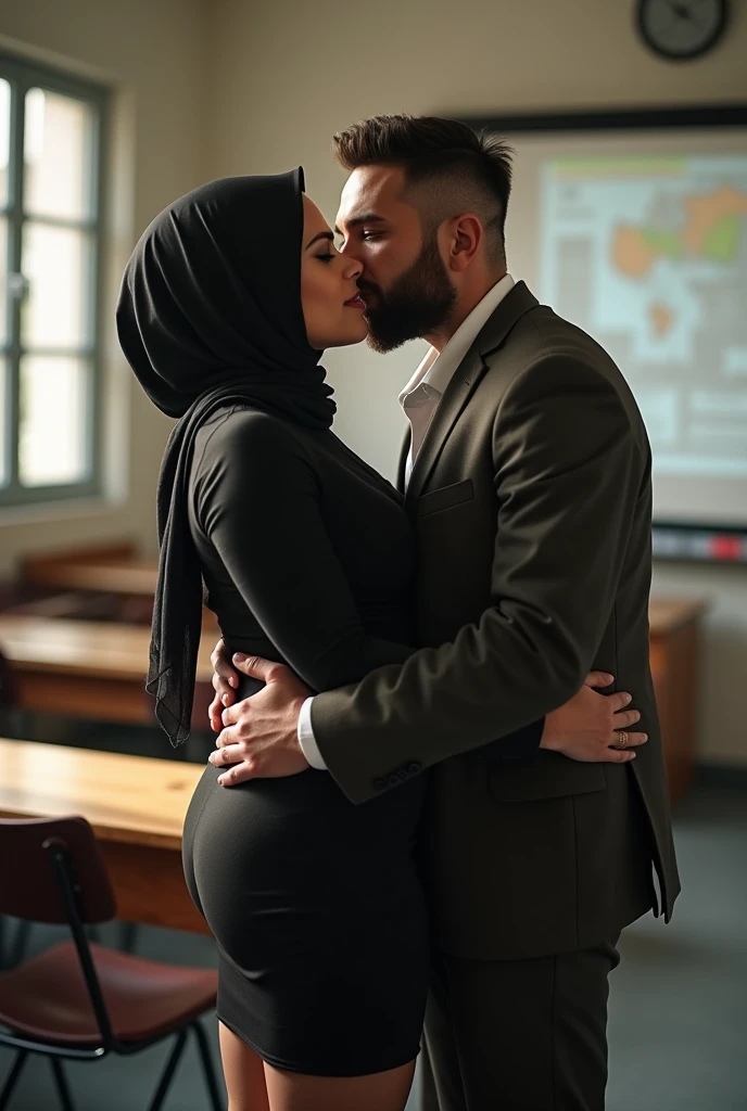 (( top quality)), (( masterpiece fails)), ( in detail))  curvy cougar in hijab, (in a fitted short skirt and shirt) (at school in the classroom) ( sexy) kissing a guy (the guy is holding her ass) (the guy is shorter and without a beard) 