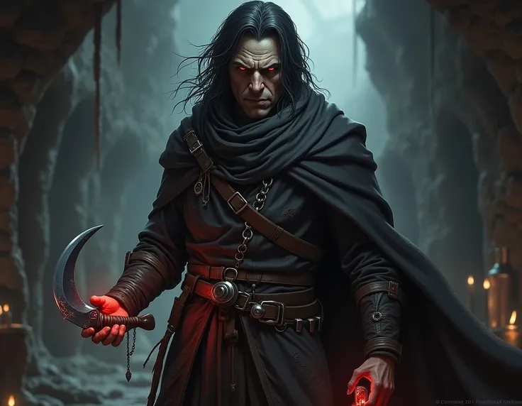 A grim and weathered human man named Korran Solvale, exuding an aura of bitterness and quiet menace. He has a gaunt face, pale skin, and deep-set eyes that reflect years of resentment and pain. His black, disheveled hair falls over his forehead, framing a ...